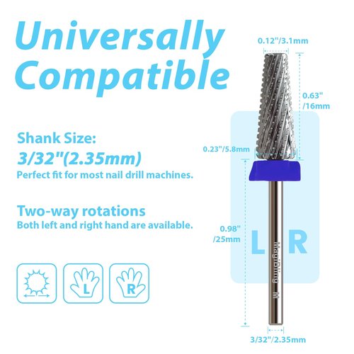 Nail Drill Bits, 5-in-1 Tungsten Carbide 3/32'' Professional Bit, Anti-Clogging Cut Design, 16mm Long Head For E-File, Removes Acrylic Hard & Soft Gel, Left or Right Hand Use, Medium