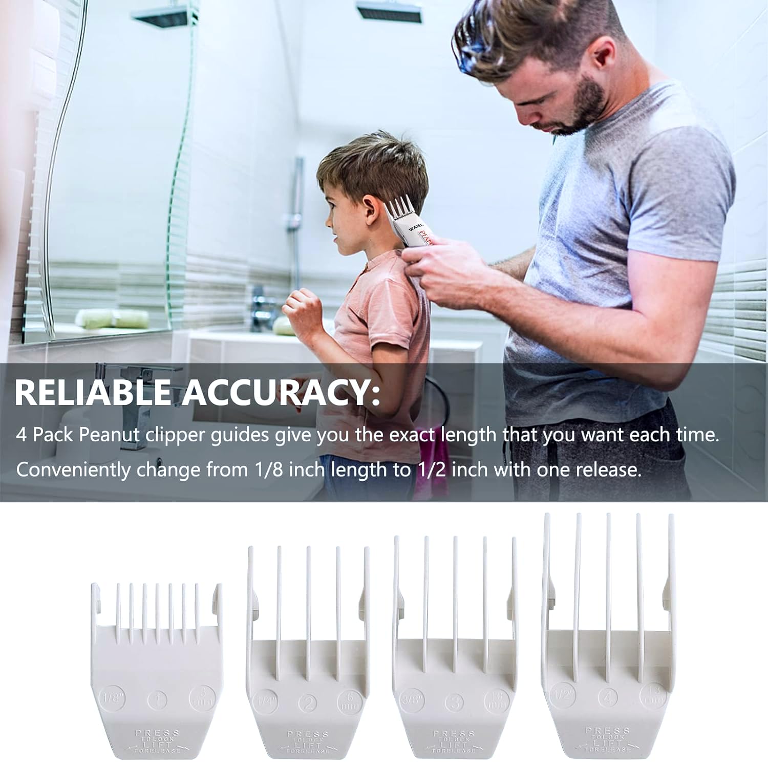 2 Pack Professional Peanut Replacement Blades with 4 Professional Clipper Guards, Precision Ground for Smooth Cutting, Snap-On Design, Compatible with Wahl Peanut Clipper/Trimmer #2068-300, White