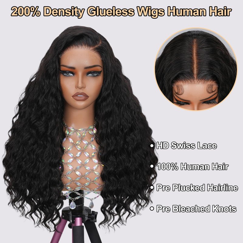 Wear and Go Glueless Wigs Human Hair Pre Plucked Pre Cut Loose Deep Wave 5x5 HD Closure Wigs Human Hair 200% Dentisy 12A Glueless Wig Human Hair Bleached Knots Loose Wave Wig (22 Inch)