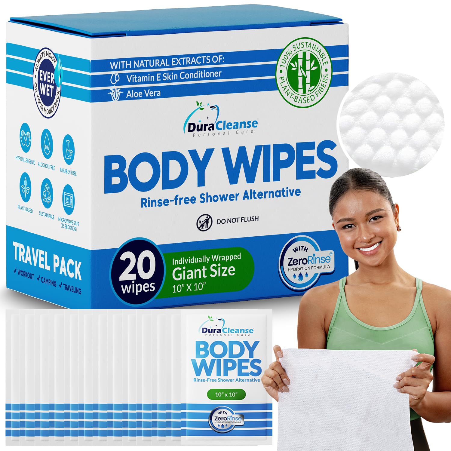 Body Wipes for Adults Bathing No Rinse - 20 Count Travel Shower Wipes - 10 x 10" Individually Wrapped Thick Cleansing Waterless Wash Scrubs - Disposable Washcloths for Camping & Elderly Incontinence