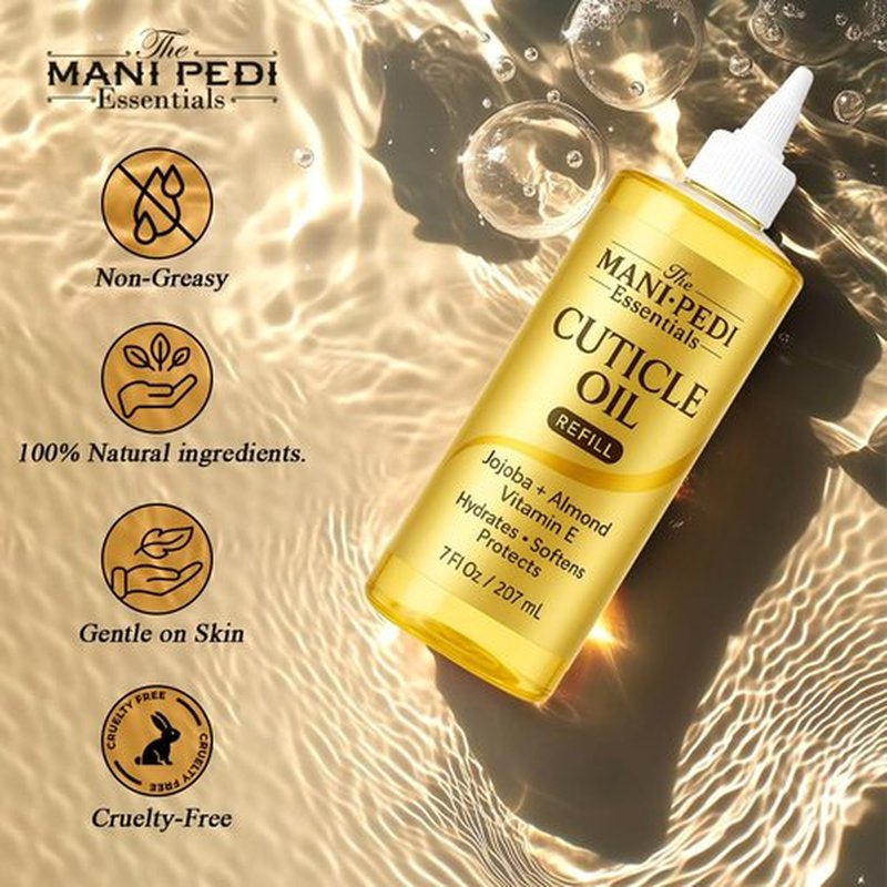 Professional Cuticle Oil Refill/Bulk Pack with special nozzle for easy refilling - 7 Fl Oz. Enriched with Jojoba Oil, Vitamin E & Sweet Almond Oil. Manicurist's Choice for Nourished Nails & Cuticles