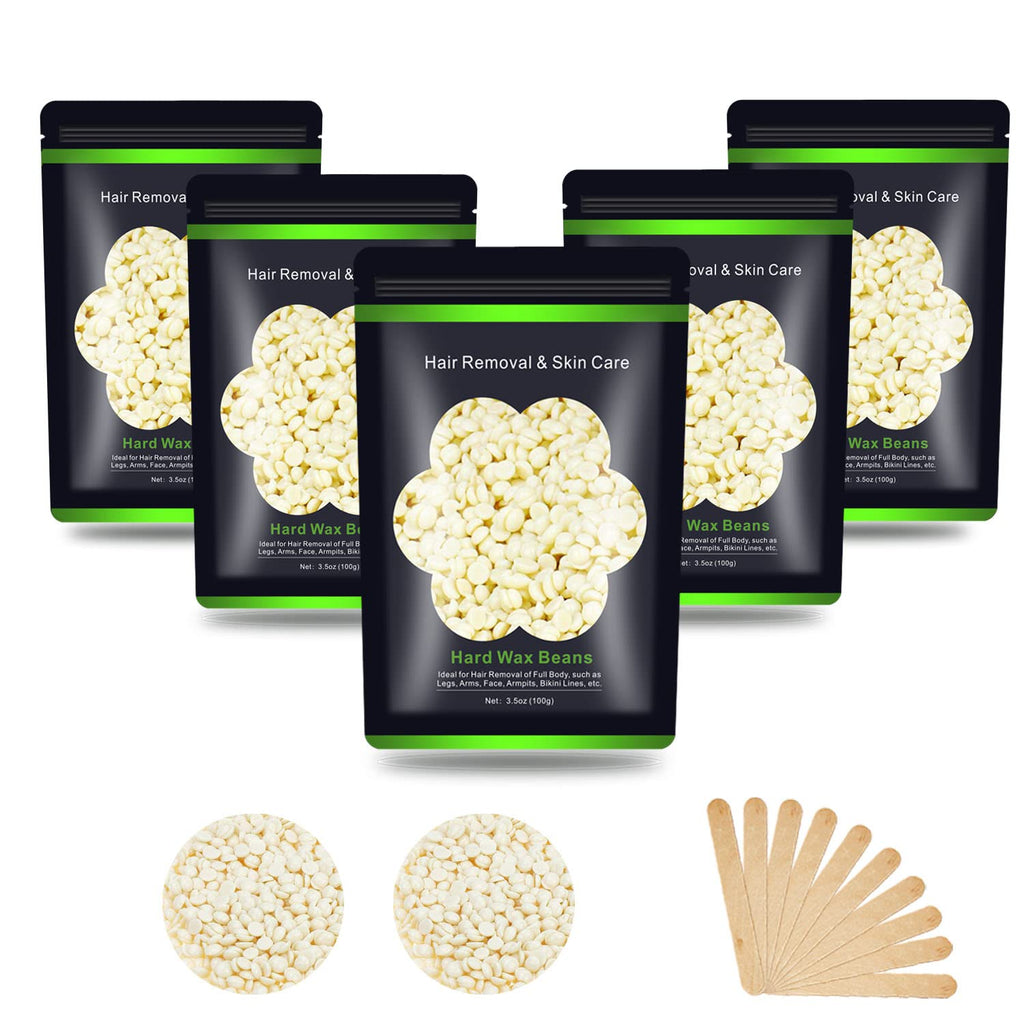 Hard Wax Beans 17.5Oz, Hair Removal Body European Brazilian Pearl Waxing Beads For Women Men Include 10 Waxing Spatulas For Bikini, Eyebrow, Face, Armpit 5 Packs