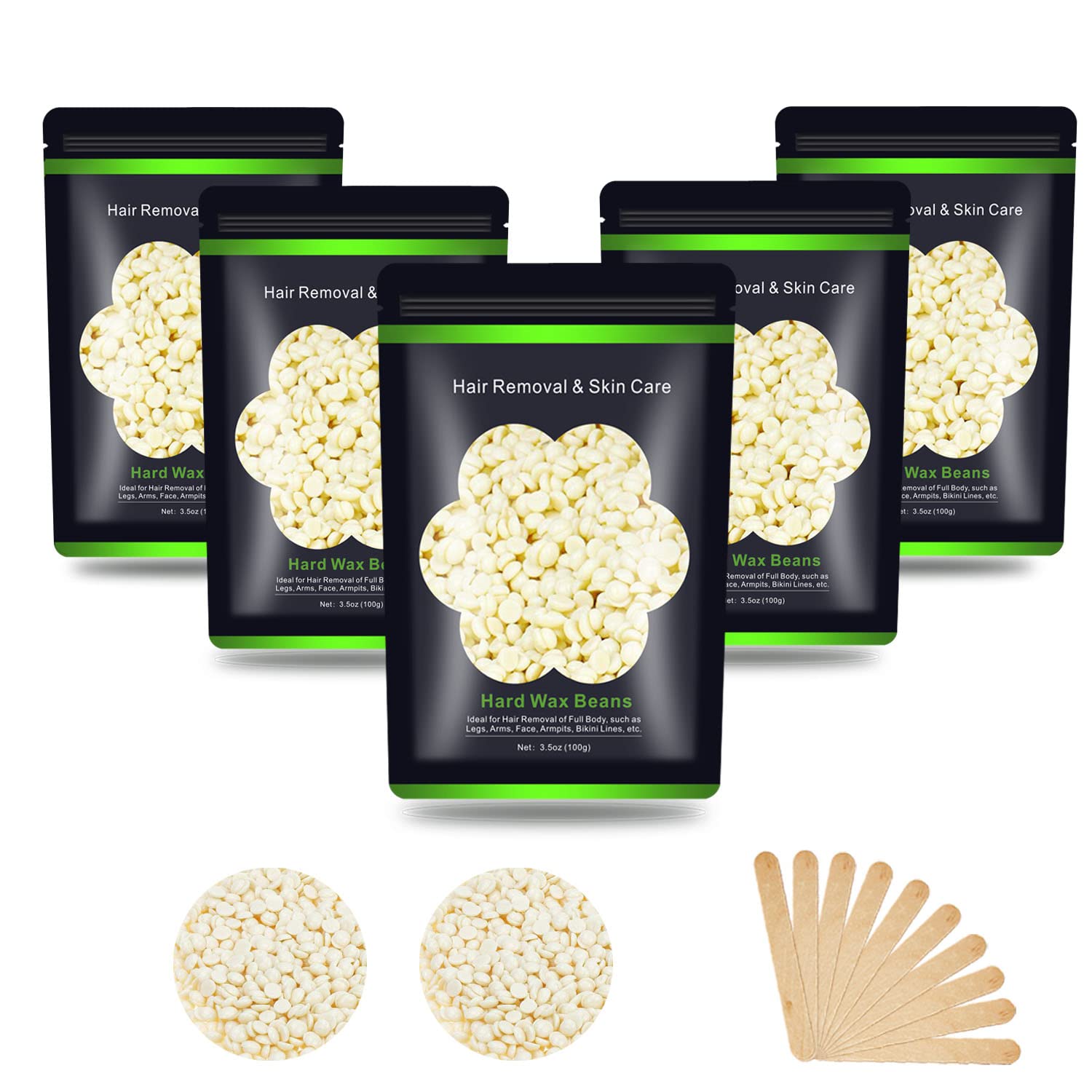 Hard Wax Beans 17.5Oz, Hair Removal Body European Brazilian Pearl Waxing Beads For Women Men Include 10 Waxing Spatulas For Bikini, Eyebrow, Face, Armpit 5 Packs