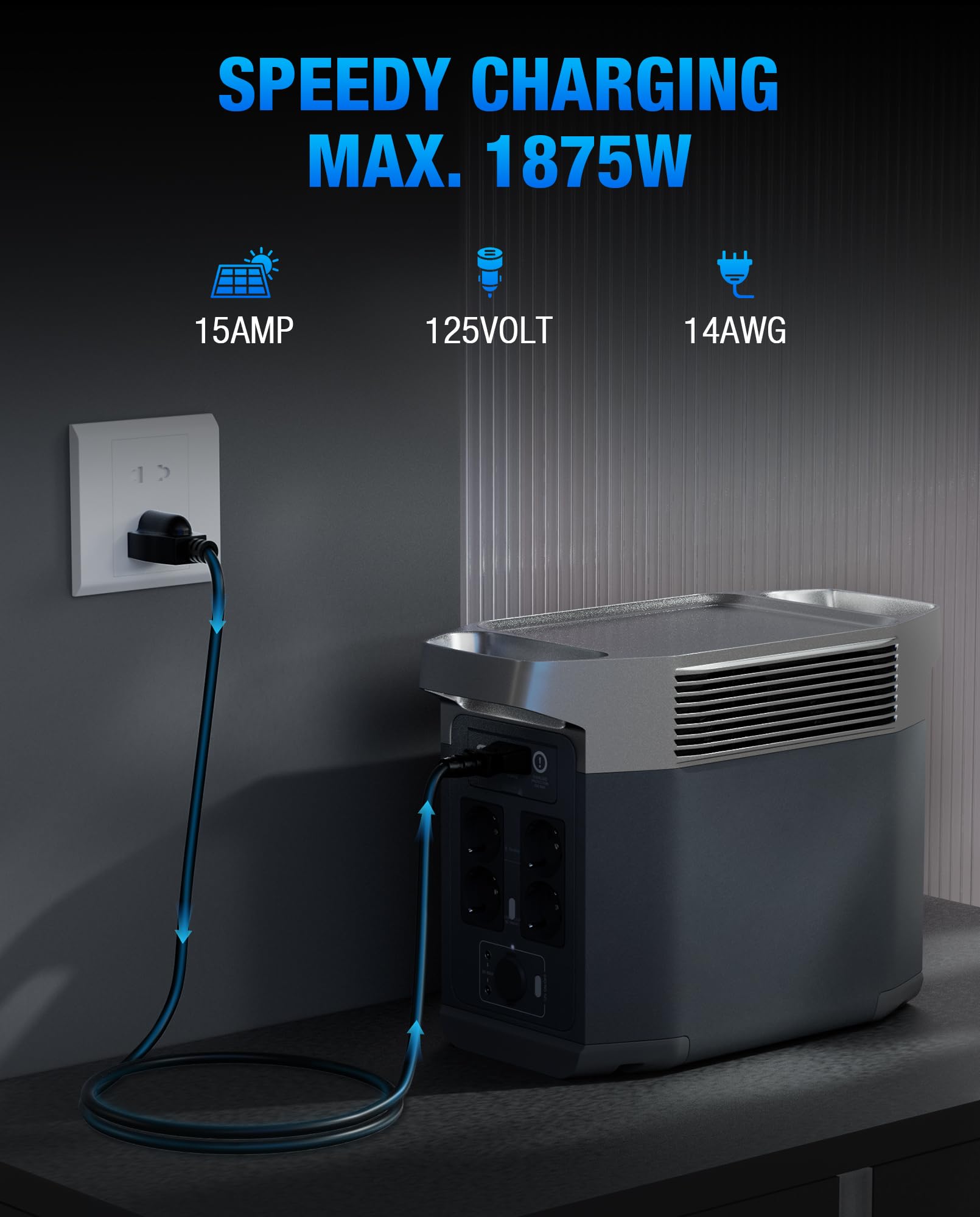 Heavy-Duty Power Station Charging Cable, 14AWG Fast Charger Cable for Jackery Explorer 2000/1500/1000 Pro,Ecoflow Delta/River Series,Bluetti EB3A;Anker 757/767, 125V 15A Universal AC Power Cord(6FT)