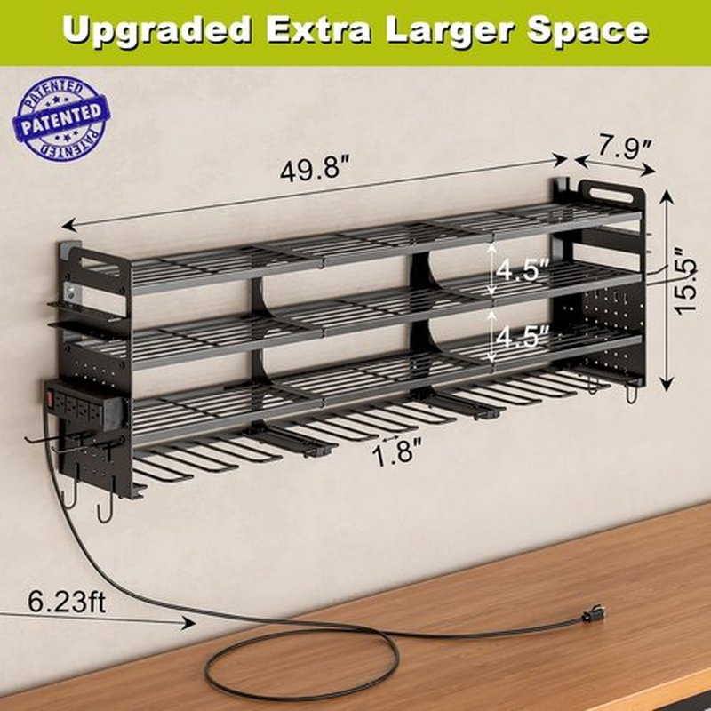 Power Tool Organizer - 12 Cordless Drill Holder with Side Pegboard & Screwdriver Storage | Heavy-Duty Metal Rack