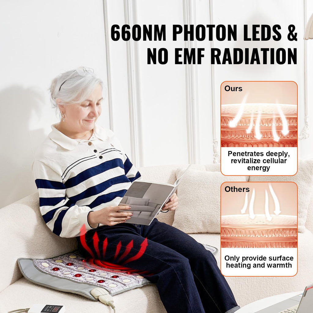 VEVOR Far Infrared Heating Pad, 103-159℉ Amethyst Heating Pad, 5 Natural Crystal Gemstones Mat with 660nm Photon Light, Negative Ions, 0-720 Min Timer for Back Waist Shoulder Pain Relief (40" x 20")