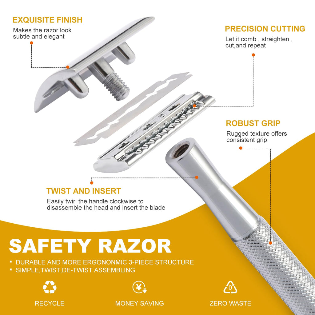 Double Edge Razor, Safety Razor With 10 Premium Stainless Steel Reusable Blades And a Beard Bib,Transparent Packaging Box Single Blade Razors For Men and Women, Smooth Shave Experience,Silver