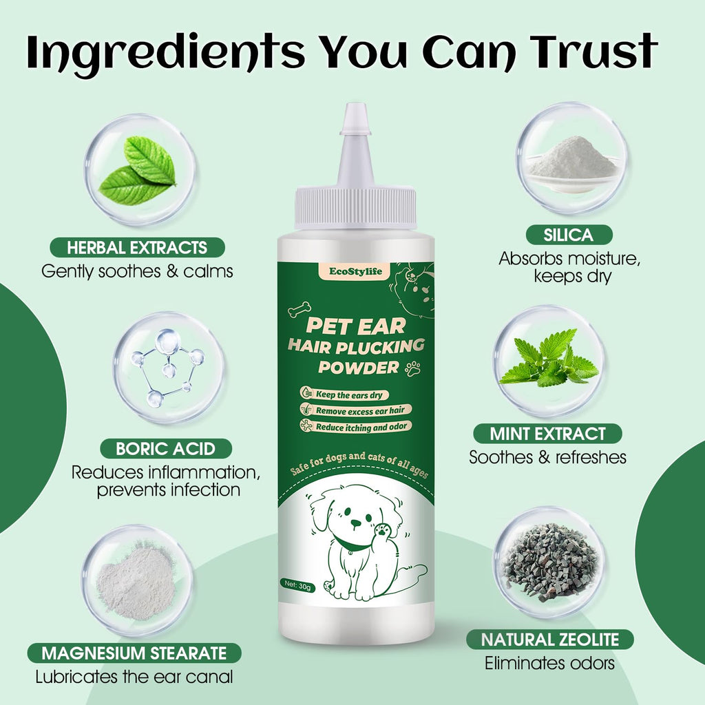 EcoStylife Dog Ear Hair Removal Tool – 30g Ear Powder, 5.5" Hemostat & Electric Dog Ear Trimmer – Helps Reduce Wax & Odor – Grooming Kit for Schnauzers, Poodles & Breeds with Ear Hair