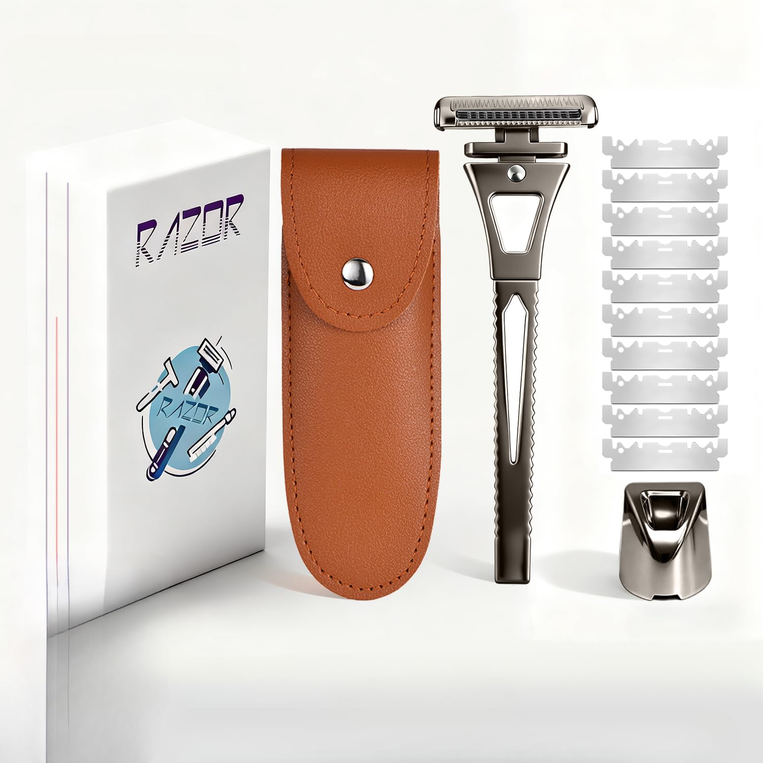 4-Layer Half-Blade Safety Razor- Flexible Head & Alloy Handle, with 10 Coated Blades, Leather Travel Case & Metal Stand - For Face and Body Shaving (Black)