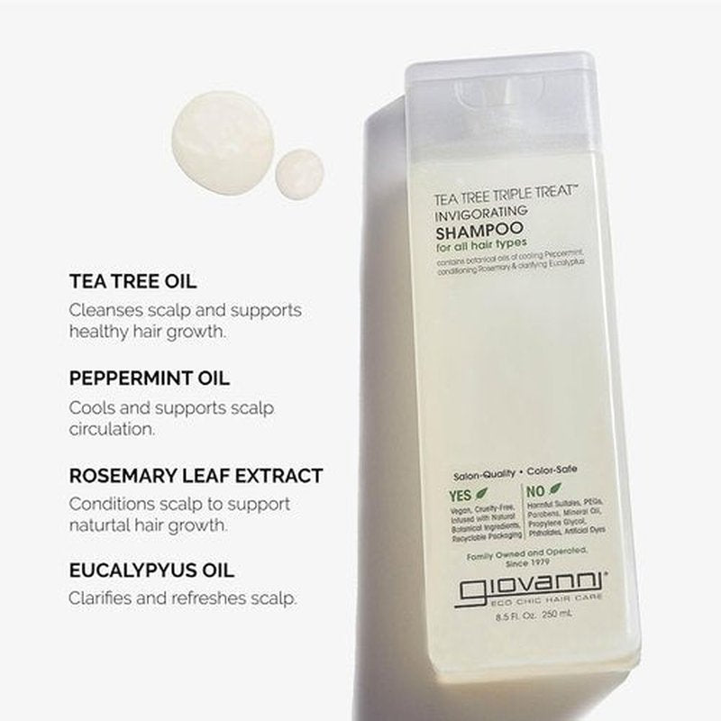 GIOVANNI Tea Tree Shampoo - Invigorating Triple Treat Formula with Peppermint & Eucalyptus, 8.5 oz