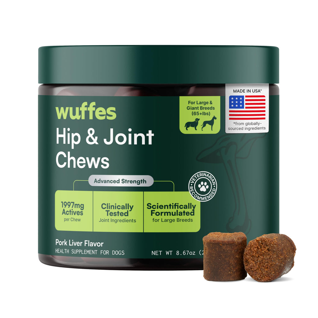 Wuffes Advanced Dog Hip and Joint Supplement with Glucosamine, Chondroitin, Omega 3, MSM, and Green Lipped Mussel, 30 Pork Flavored Chews for Large Dog Breeds