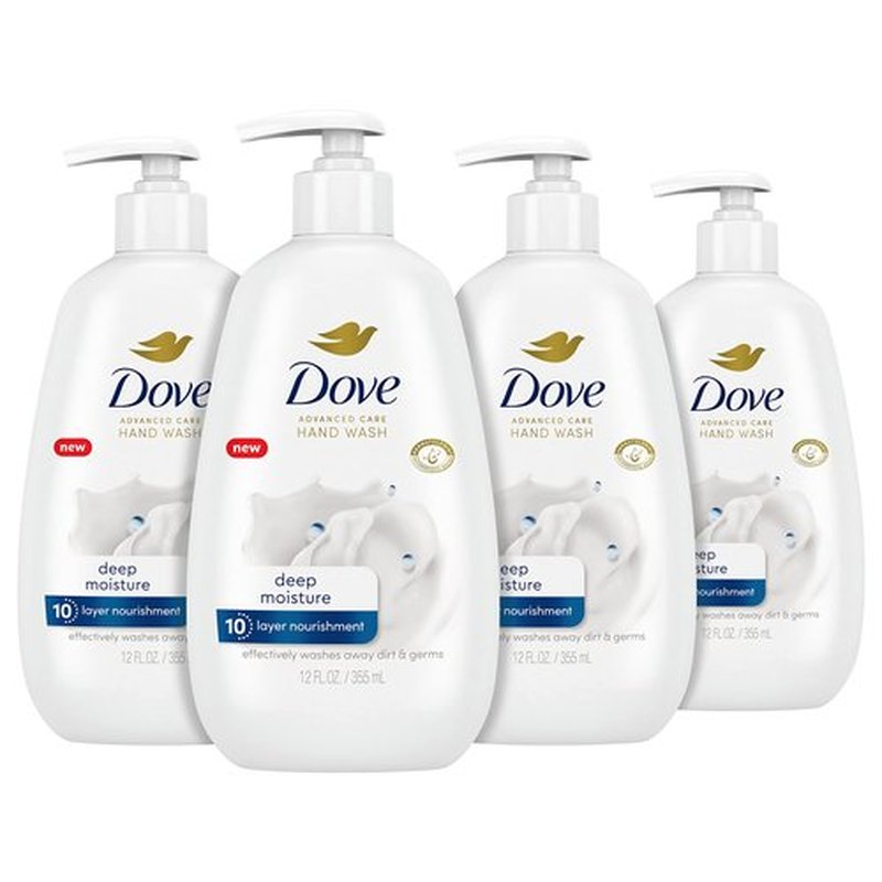 Dove Advanced Care Deep Moisture Hand Wash Pack of 3 for Soft, Smooth Skin More Moisturizers Than The Leading Ordinary Hand Soap, 34 oz and 4 Count 12 oz