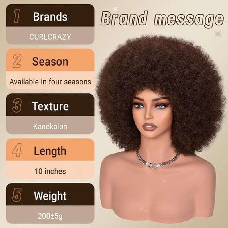 CURLCRAZY Afro Wigs for Black Women 70s Afro Kinky Curly Wig with Bangs Bouncy Huge Fluffy Puff Wigs Synthetic Hair for Cosplay Daily and Party 14Inch