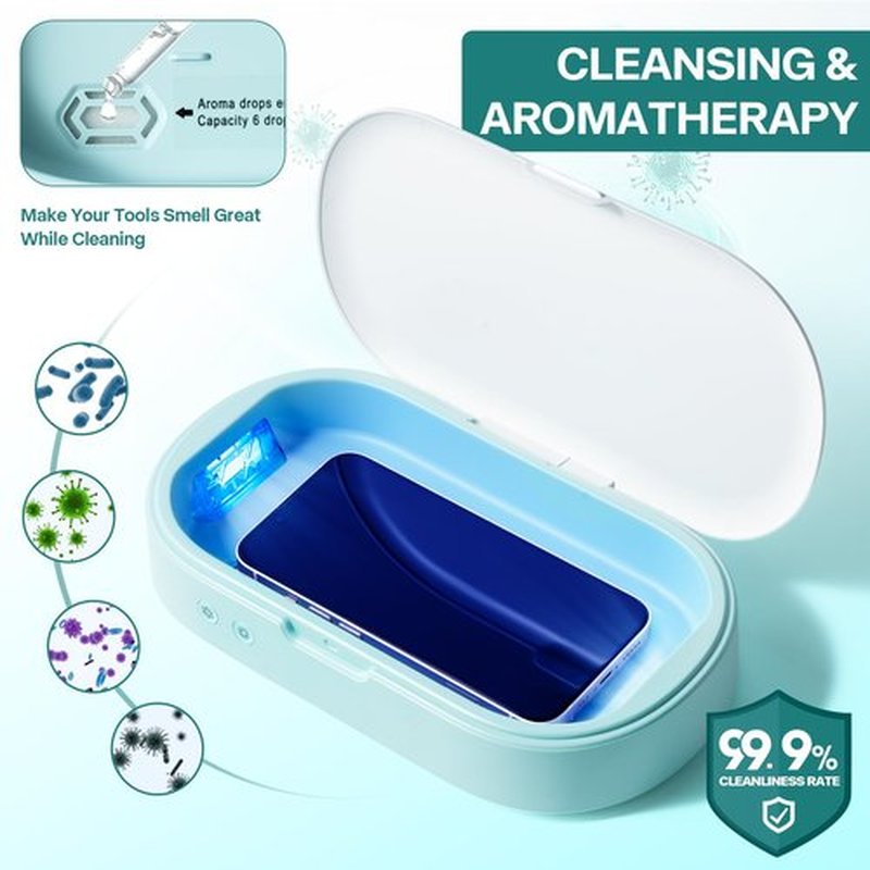 Portable Sterilizer Box & Essential Oil Diffuser | USB-C Sterilization Case for Phones, Jewelry, Watches | Cleanser for Home, Travel, Manicure & Makeup Tools | Fast 5-Min Cycle with Microfiber Cloth