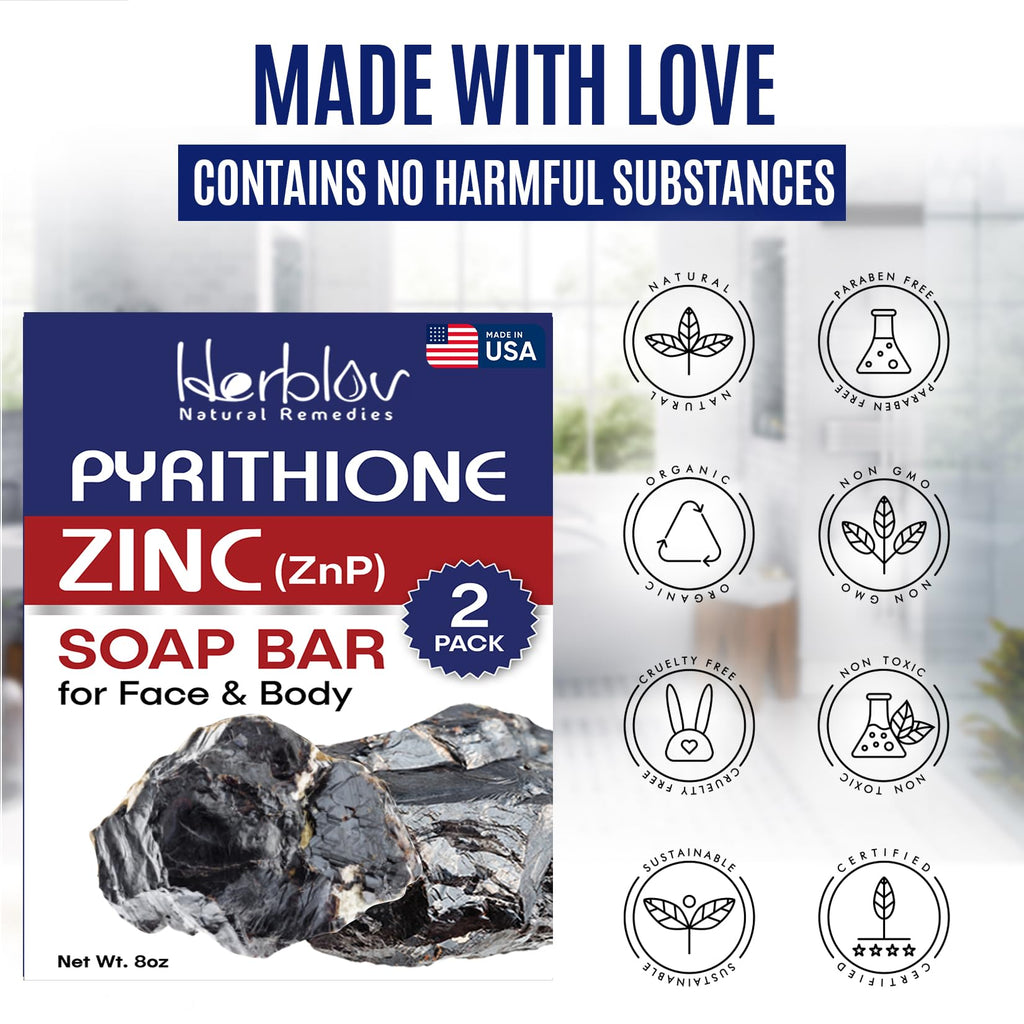 Zinc Soap Bar with Zinc Pyrithione – Gentle All-Natural Face & Body Wash – Daily Cleansing Formula for Oily, Sensitive & Blemish-Prone Skin – Exfoliating Bath Bar Skincare Cleanser – Made in USA