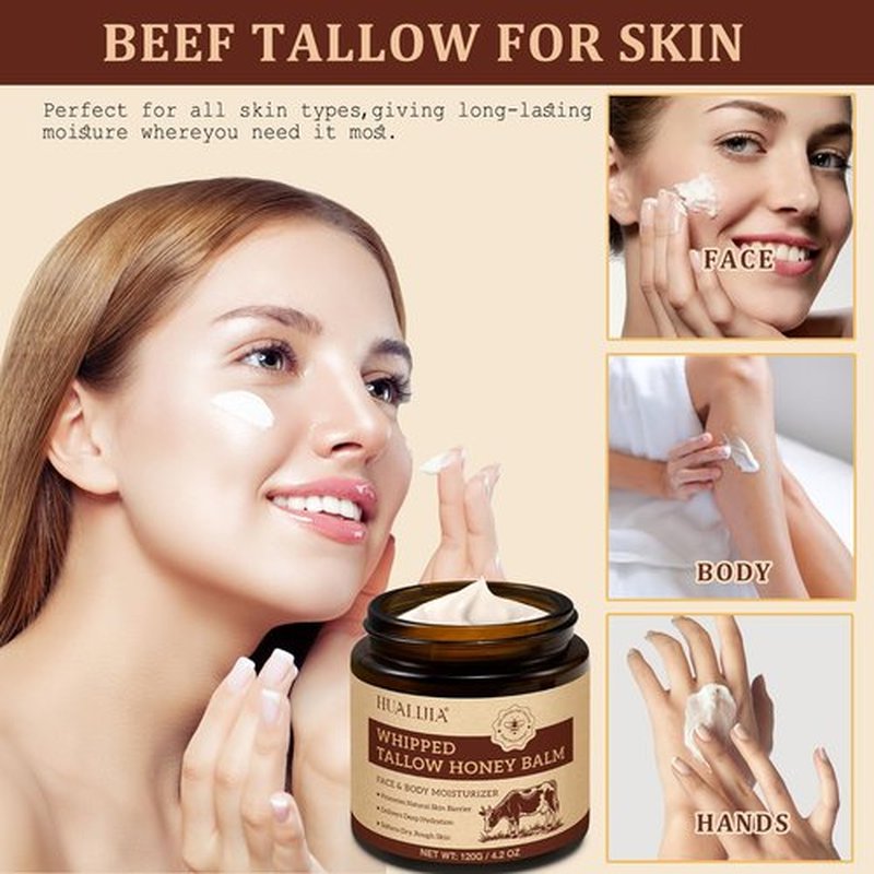 Organic Beef Tallow for Skin, Tallow and Honey Balm (4.2 Oz), Tallow Face Moisturizer, Grass Fed Whipped Beef Tallow with Honey Beeswax - Deeply Hydrates and Moisturizes Face Body, Unscent, No Greasy