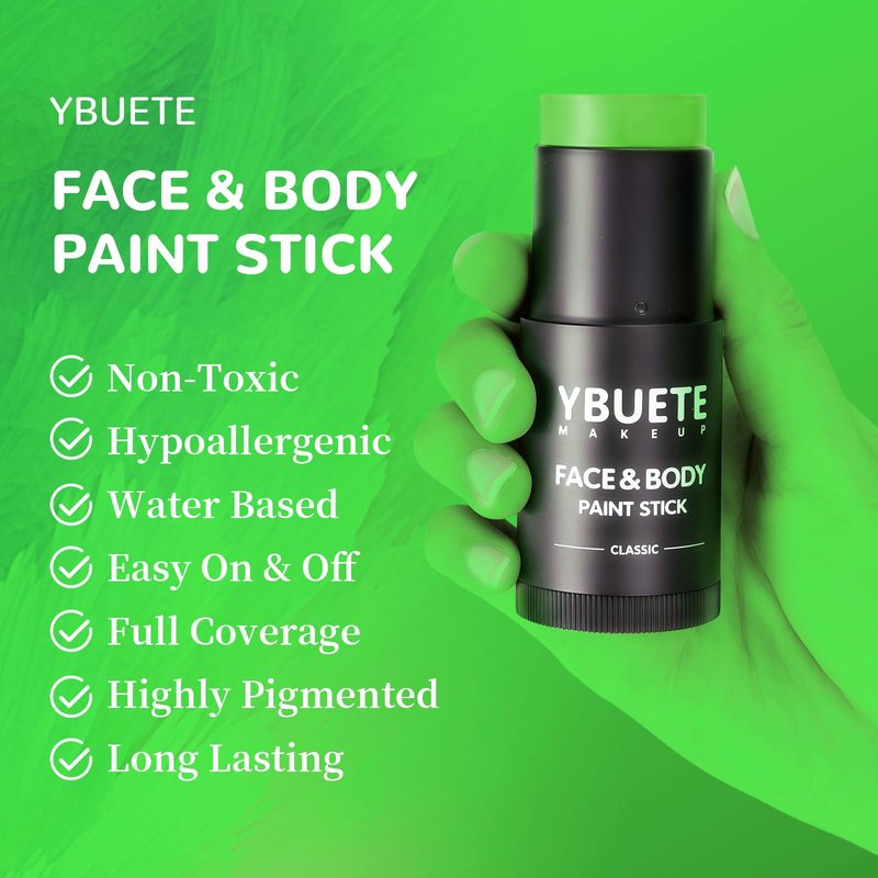 YBUETE Light Green Face Body Painting Stick, Professional Green Full-coverage Cream Face Paint for St. Patrick's Day Halloween SFX Witch Monster Cosplay Makeup, Washable Body Paint for Adult Carnival