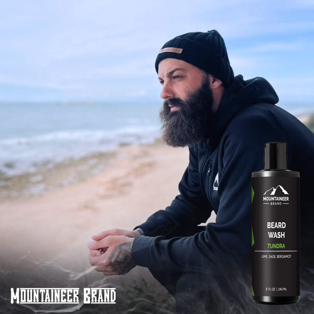 Mountaineer Brand Beard Wash For Men | 100% Natural Beard Shampoo | Thick Cleaning Softening Lather for Hair and Skin | Hydrate and Detangle | Grooming Treatment | Tundra Scent 8oz