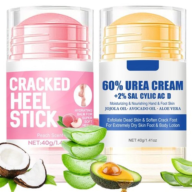 Pakivs 2Pcs Peach Scented and 60% Urea Foot Cream Set,Moisturizer Heel Stick Balm,Intensive Repair Dry Cracked Skin,Hands,Heels,Elbow and Knees,Softens & Nourish Foot Care for Women and Men