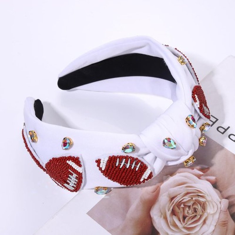 Football Headband for Women Football Mom Accessories Beaded Football Knotted Headband Jeweled Rhinestone Crystal Embellished Top Knot Hairband White Sport Hairband Game Day Hair Accessory (White)