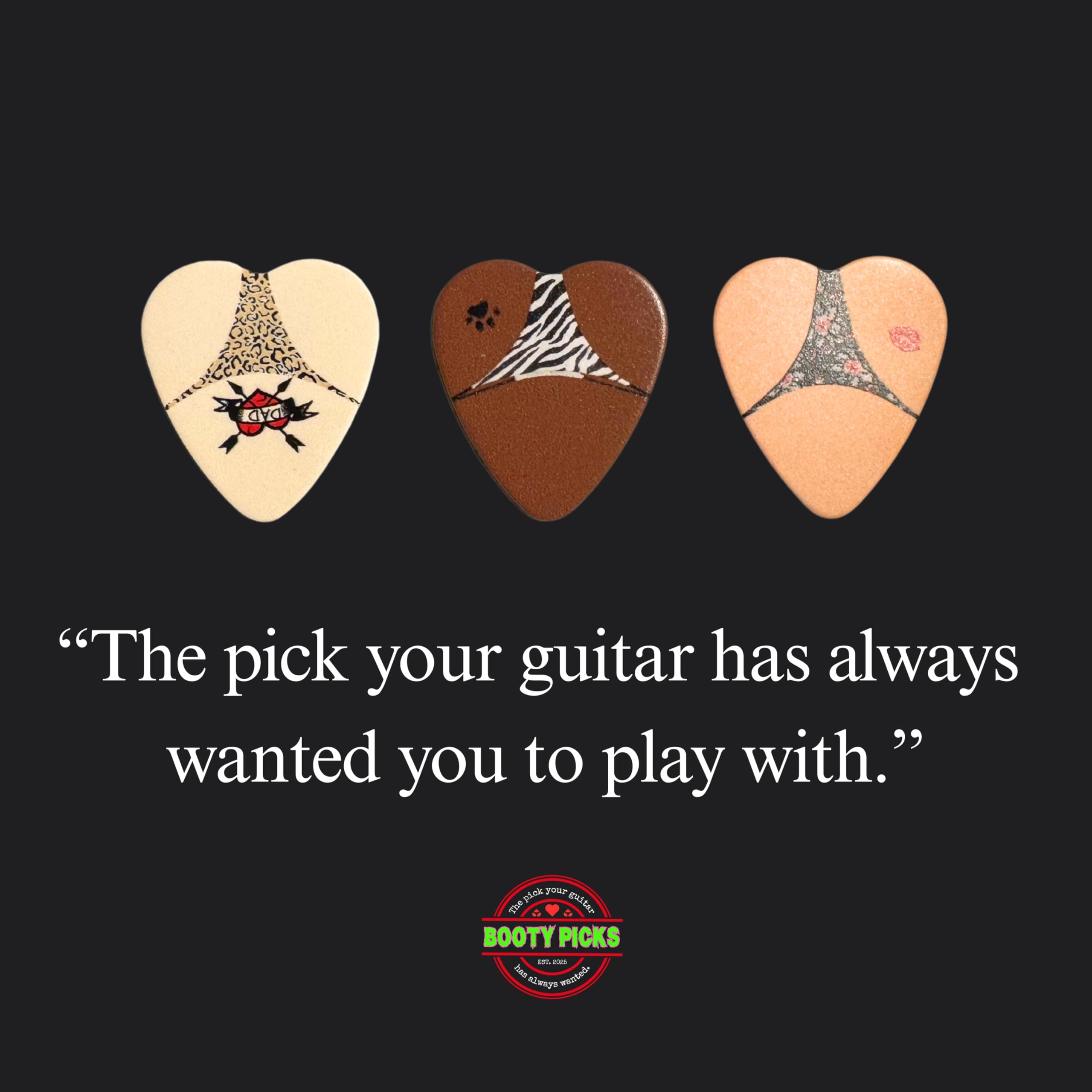 BOOTY PICKS Premium Celluloid BOOTY themed Guitar Picks, BOOTY PICKS Variety Pack with Novelty Designs, Light (.46mm), Medium (.71mm), Heavy (.96mm), (6 count)