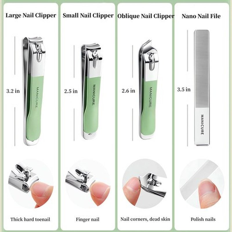 NEMIBAD 4 Pcs Manicure Set Stainless Steel Nail Clippers, Beauty Tool Portable Set Professional Grooming Kits, Travel Nail Kit for Men and Women (Green)