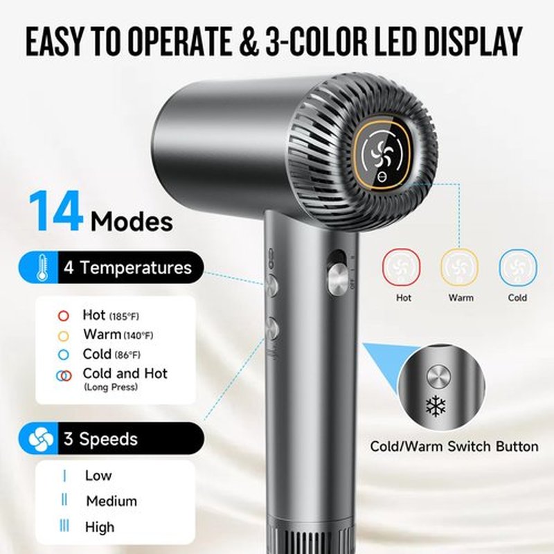 2026 Hair Dryer, 200,000 RPM Professional High Speed Blow Dryer with Diffuser for Women, 1200M Negative Ionic Hair Dryer with Brushless Motor, Low Noise Hair Blow Dryer for Home Travel Salon,Gray
