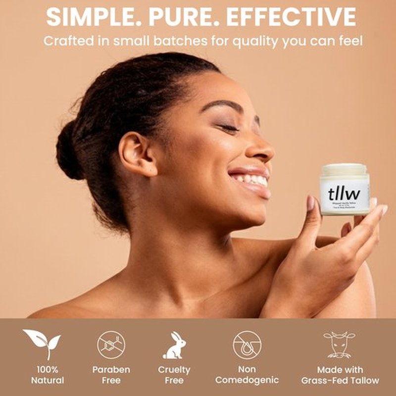TLLW 100% Grass Fed Beef tallow for face and body, Whipped Tallow Balm Moisturizer with Organic Jojoba Oil & Manuka Honey (2.7 oz, Vanilla Scented)
