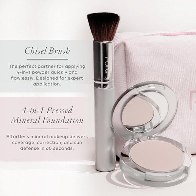 PÜR Minerals Multitasking Essentials Kit | 4-in-1 Primer, Mascara, Mineral Powder & Brush Set