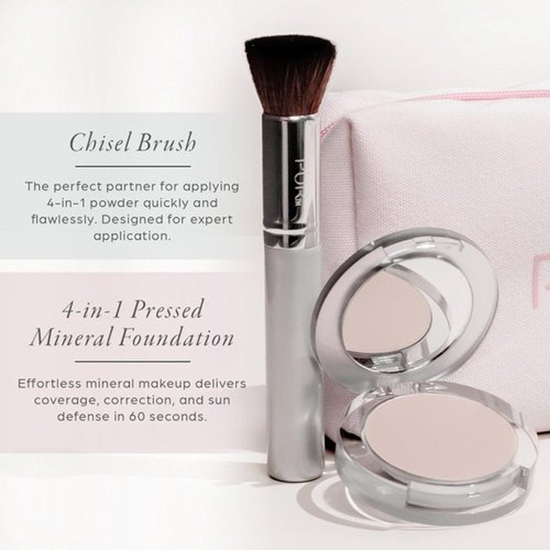 PÜR MINERALS Multitasking Essentials Kit, Golden Medium - Makeup Gift Set Includes 4-in-1 Correcting Primer, Fully Charged Mascara, 4-in-1 Pressed Mineral Powder & 1 Chisel Brush
