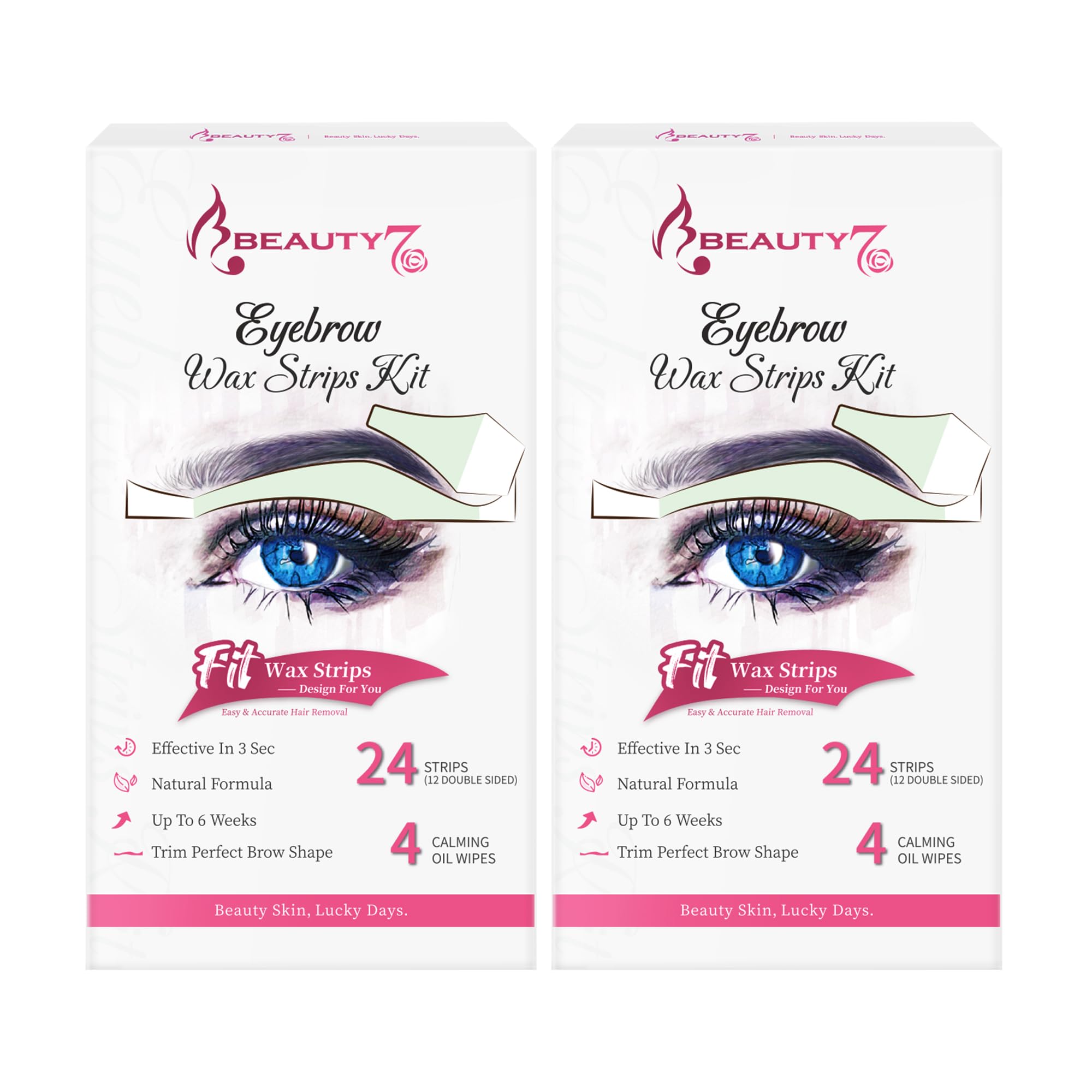 Beauty7 Wax Strips Kit for Sensitive Skin, Facial Hair Removal for Eyebrow, Lip, 24 Strips & 4 Calming Oil Wipes, At Home Waxing for Women