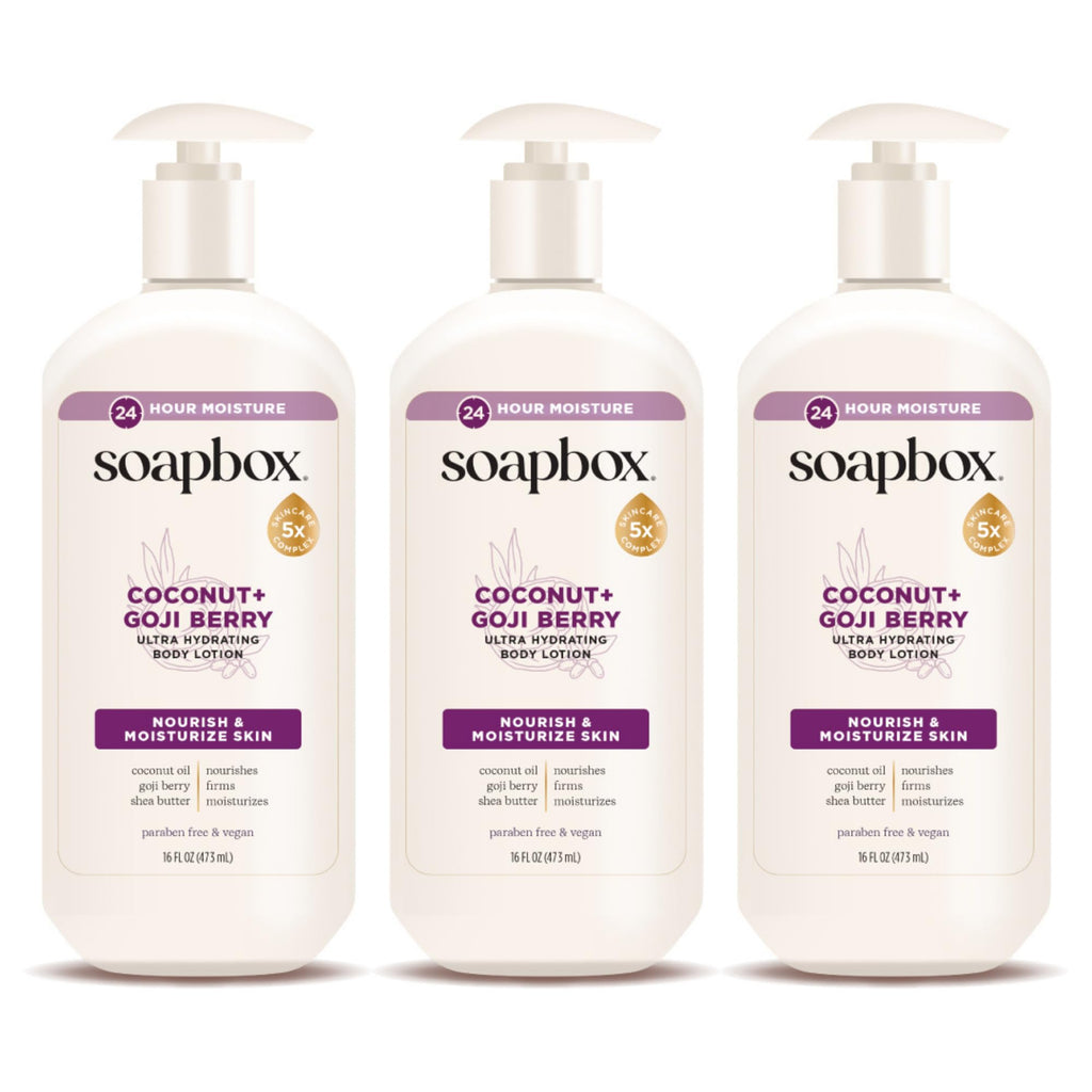 Soapbox Moisturizing Body Lotion, Coconut Milk with Aloe and Shea Butter, Pack of 3 Hand Lotion Bottles, Vegan Skin Care Products, Moisturizer for Dry Skin, 3 Pack, 16oz Each