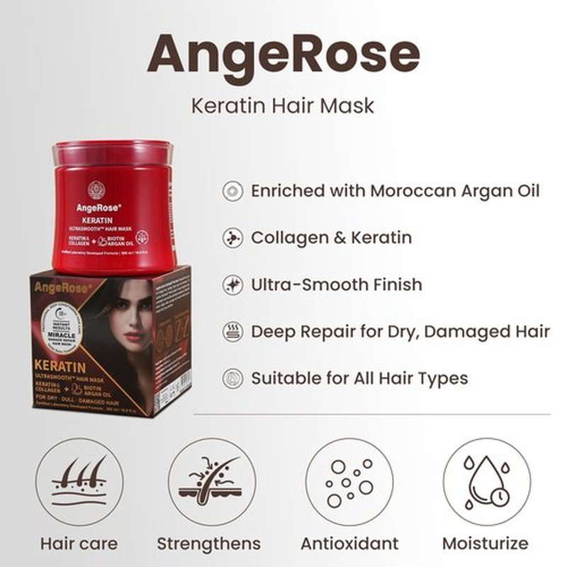 AngeRose Keratin Hair Mask with Collagen & Argan Oil – Deep Conditioner Treatment for Dry Damaged Hair Repair – Hydrating & Strengthening Cream for Color Treated 16.9 Oz (500ml)