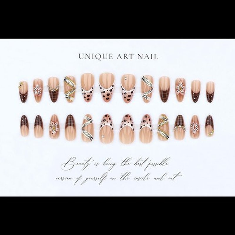 SEENEEY Long Almond Press on Nails Brown Fake Nails French Artificial Nail 3D Floral and Gold Charm Designs Cute Stick on Nail for Women 24pcs