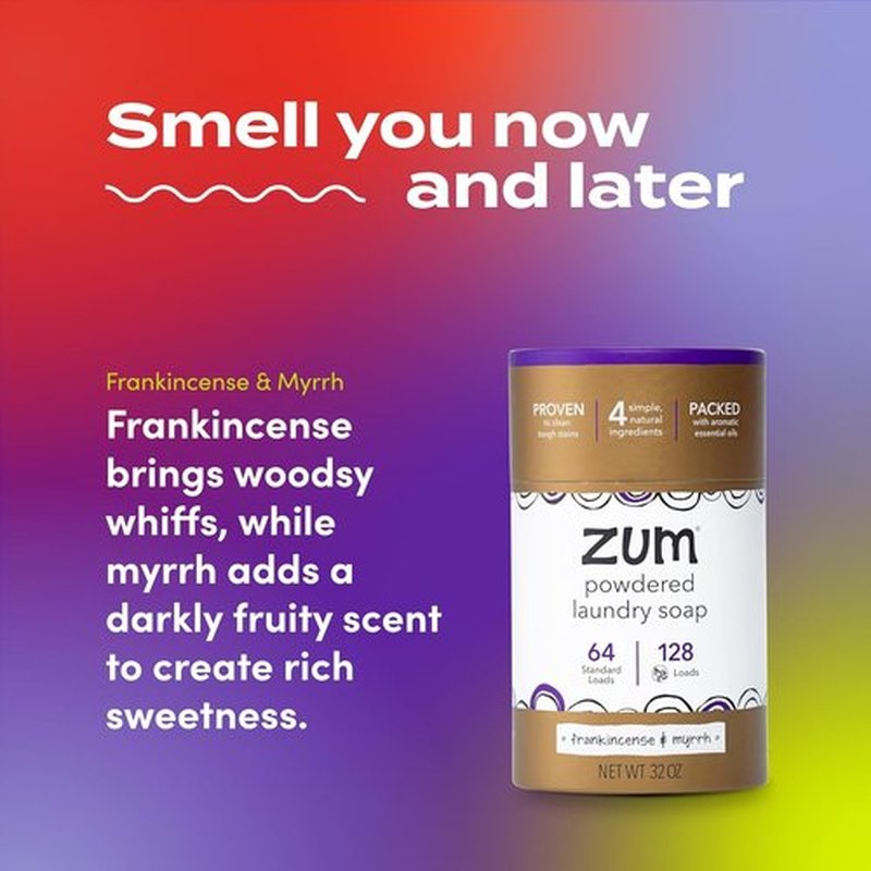 Indigo Wild Zum Powdered Laundry Soap - Plant-Based Formula with Baking Soda & Essential Oils - 64 Loads (32 oz) - Frankincense & Myrrh
