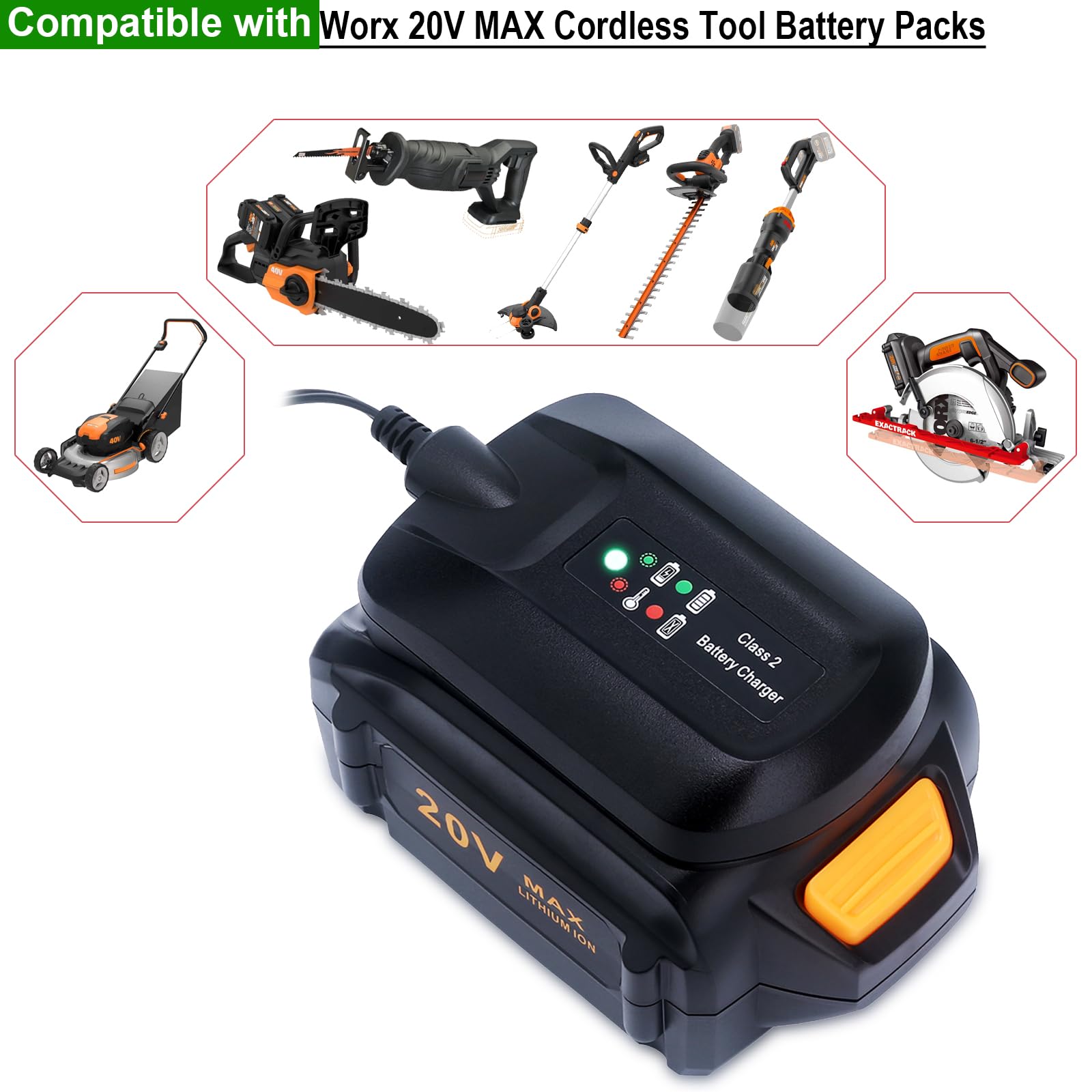 Compatible with Worx 20V Lithium Battery Charger, WA3742 Charger Compatible with Worx WA3525 WA3575 WA3520 WA3578 WA3016 WA3669 WA3671 WA3674 WA3675 WA3676 WA3678 20-Volt MAX Cordless Tools Battery