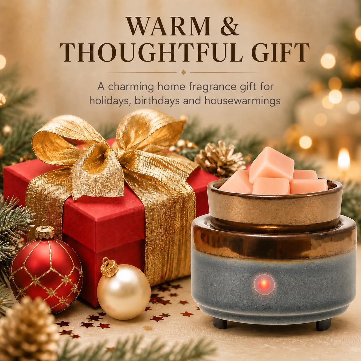 Ceramic Wax Melt Warmer, Electric Wax Warmer for Scented Wax Cubes, Flameless Fragrance Warmer with Removable Dish & Indicator Light, Compact Tabletop Home Decor for Bedroom Living Room Office Gift