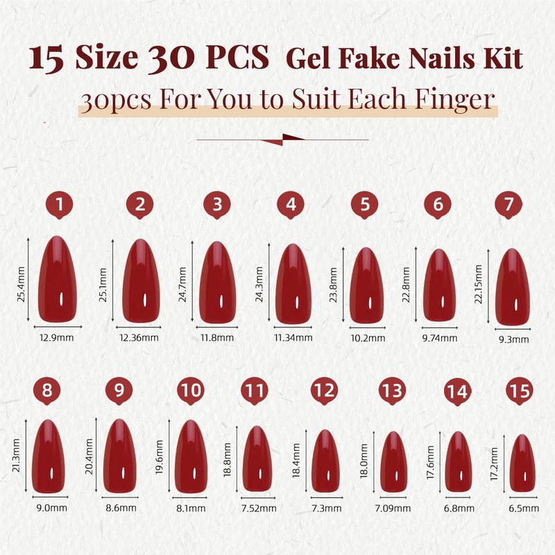 Wine Red Press On Nails Almond - Medium Dard Red Acrylic Nails Press Ons, Glue On Nails for Party Birthday Holiday Valentines Gift in 15 Sizes - 30 Fake Nails Kit, Dark Red