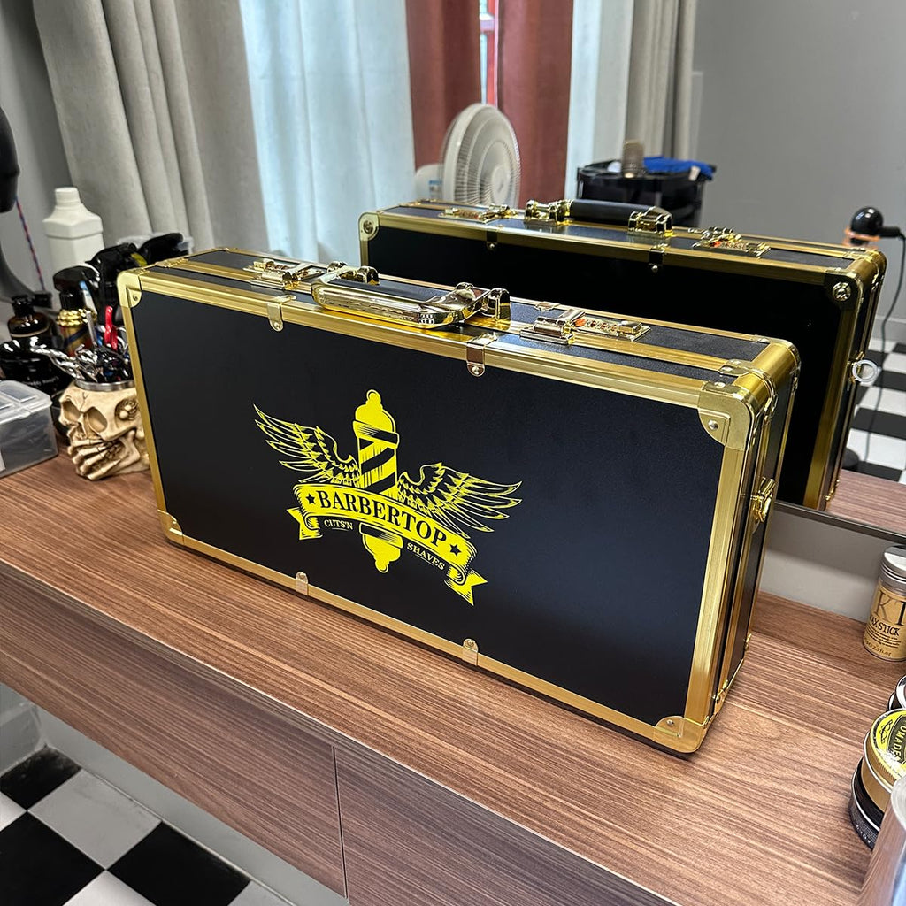 Professional Barber Supplies Case, Barber Cases for Clippers and Supplies, Hairdressing Tools Storage Case with Handle and Secure Numlock, Barber Travel (Golden)