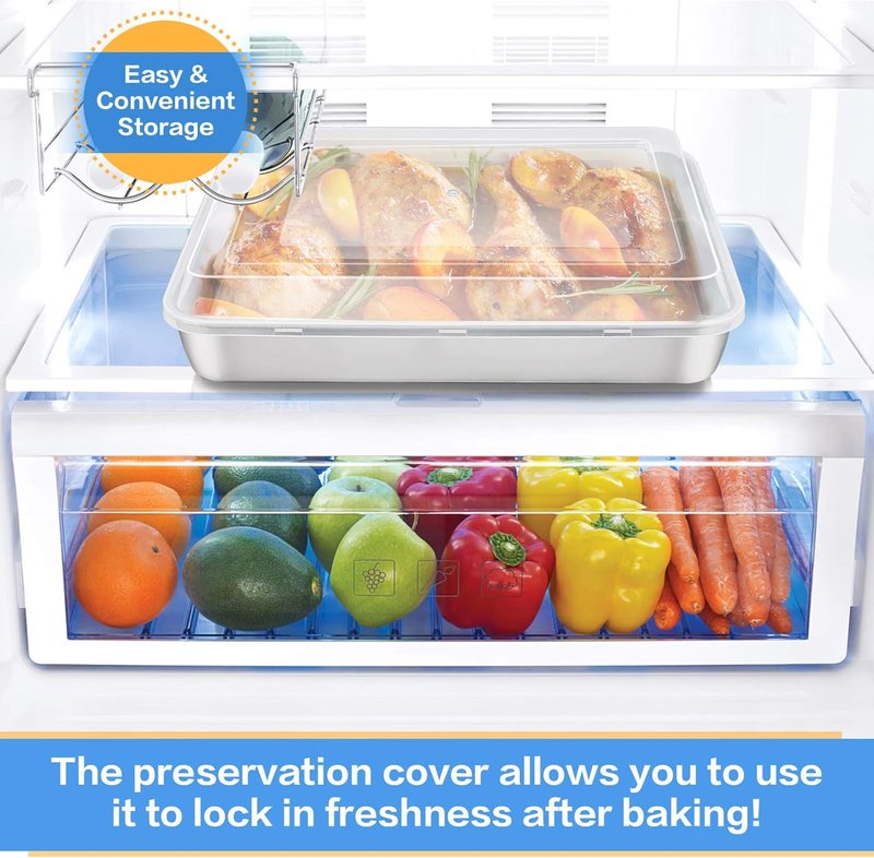E-far Stainless Steel Baking Pan - 12⅓ x 9¾ Inch Rectangle Sheet Cake Pan with Lid | Non-Toxic, Heavy Duty & Dishwasher Safe