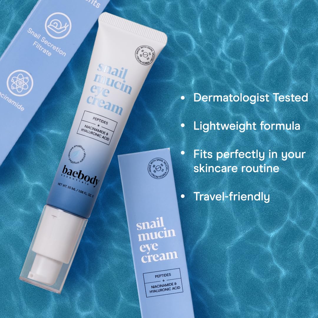 Baebody Snail Mucin Eye Cream (30 ml/1.06 fl oz) - Anti-Aging Korean Eye Cream for Dark Circles and Dry Skin - Snail Mucin Serum with Peptides and Hyaluronic Acid