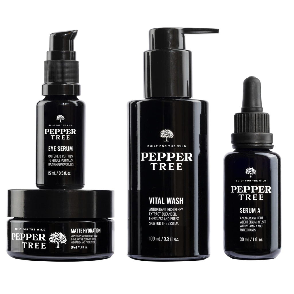 Peppertree Men's Skin Care System - Men's Self Care Essentials with Face Wash, Hydrating Moisturizer, Eye Serum & Retinol Serum For Face - Skincare Set for Sensitive, Normal & Dry Skin - 4 Piece Kit