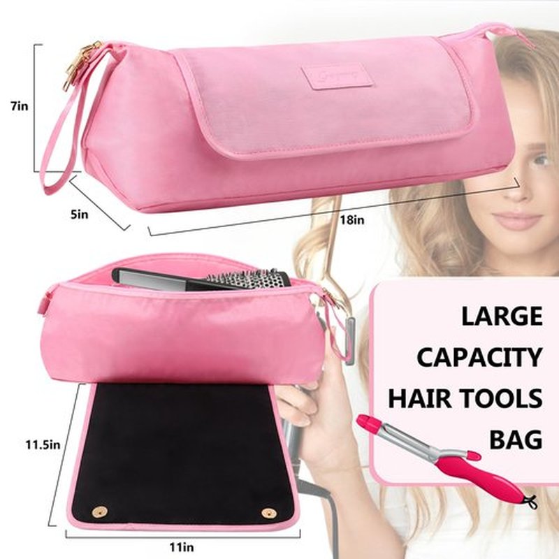GERYUAEG Large Hair Tools Travel Bag with Heat Resistant Mat for Straighteners, Curling Iron, Haircare Accessories, Hair Styling Tools Bag with Silicone Mat (Pink)