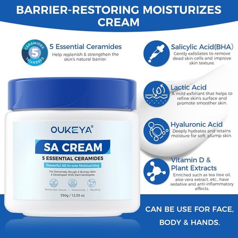 OUKEYA SA Cream - Exfoliating Body Lotion for Rough & Bumpy Skin with Ceramides & Salicylic Acid | 12.35 oz