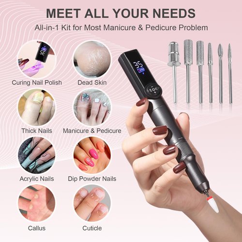 Electric Nail Drill Rechargeable Professional,2 in 1 Nail Grinder & UV Lamp Combo,35000 RPM,Portable Cordless Nail File Machine for Acrylic Nails,Gel Polishing,Shaping Nails,Manicure Art Tools