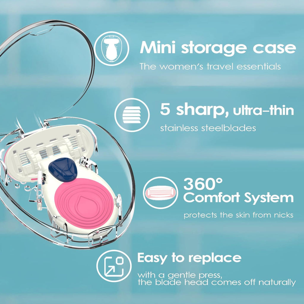 Covik Shave - Razor Handle for Women, 5-Blade Refills, Travel Razors & Mini Razor Blade Cover, Cute and non-slip Handle, for Travel, Pink