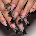 MERVF Long Square Press on Nails Black French Tip Fake Nail 3D Bow Star Charms Design Glue ons Gothic Gyaru Squoval Acrylic Y2K Manicure Supplies Art DIY Glossy 24pcs