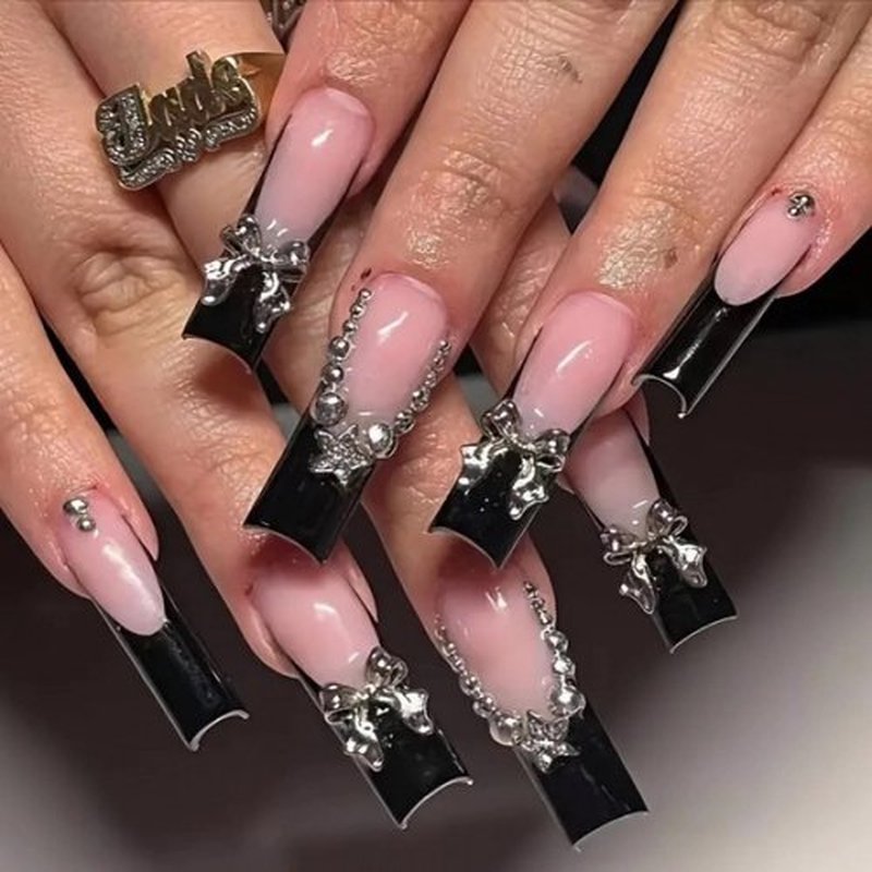 MERVF Long Square Press on Nails Black French Tip Fake Nail 3D Bow Star Charms Design Glue ons Gothic Gyaru Squoval Acrylic Y2K Manicure Supplies Art DIY Glossy 24pcs