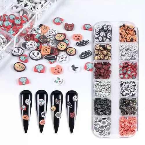 2 Boxes Halloween Nail Charms 3D Ghost Pumpkin Face Spider Web Bat Skull Spider Nail Art Supplies Decorations Halloween Nail Art Charms for Women (24 Grids)
