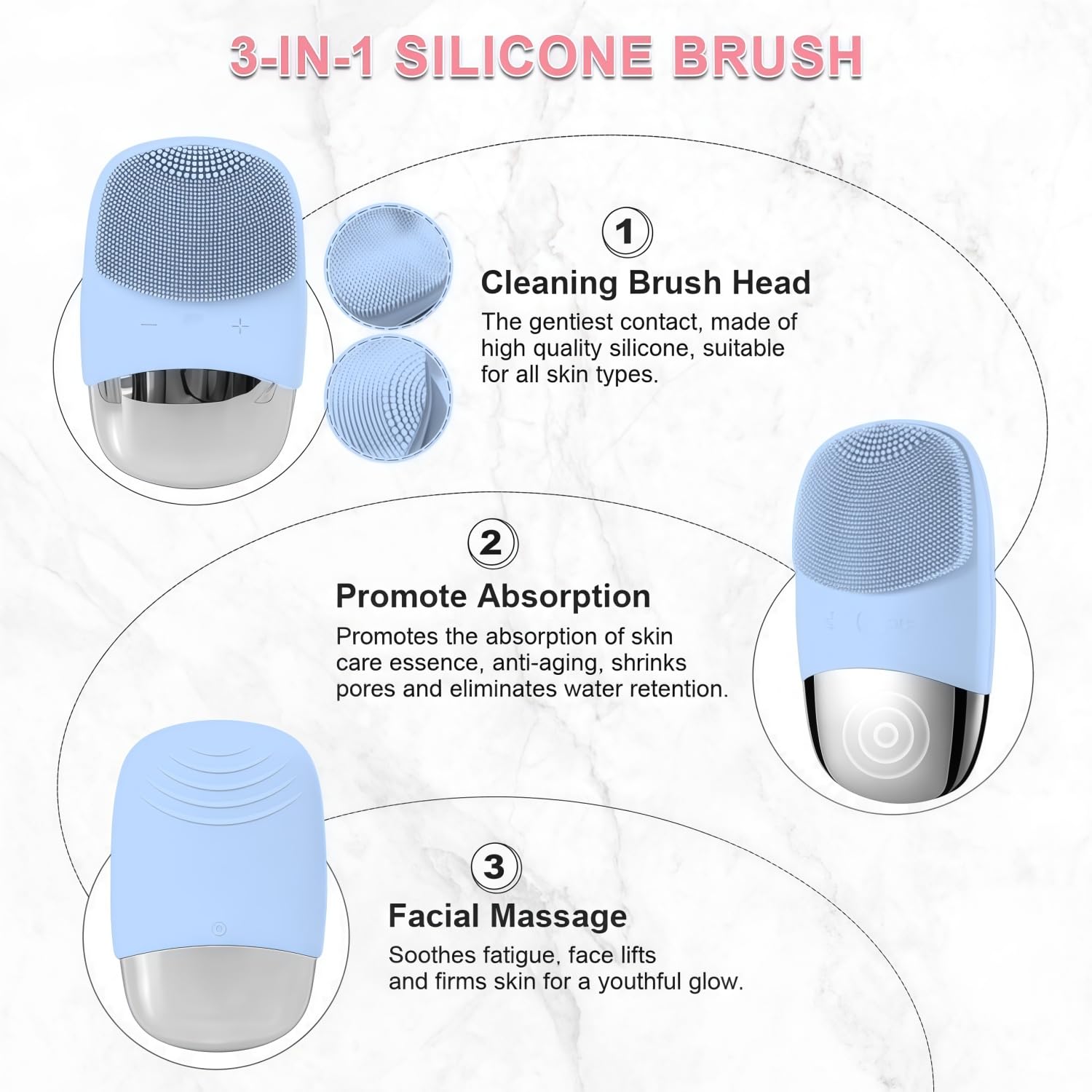 MEGAN Facial Cleansing Brush,USB Rechargeble Electric Silicone Face Scrubber,IPX7 Waterproof Sonic Facial Massager, 3 in 1 face Brush for Deep Cleanning, Blackhead Remover, Exfoliating.（Sky Blue）